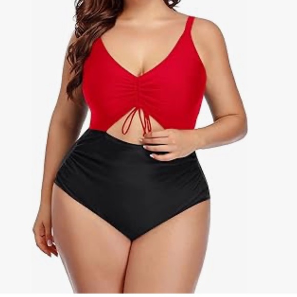 Daci Women Red Black Plus Size Swimsuits 1 Piece Cutout Tummy Control V Neck - Picture 4 of 10